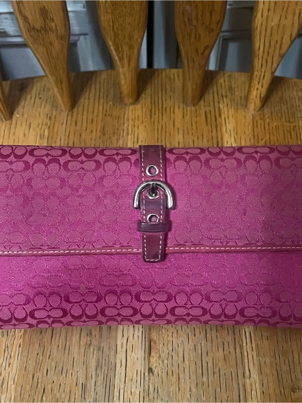 Coach Fuchsia Signature Large Jacquard Wallet with Buckle Detail